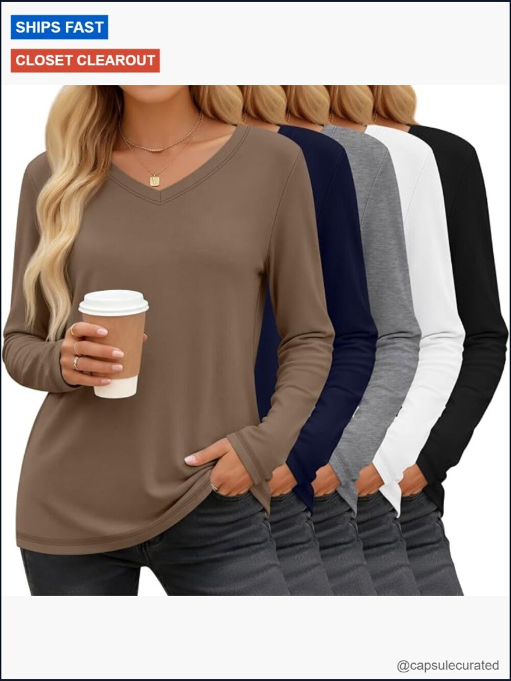 5 Pack Women's Long Sleeve V Neck Shirts Loose Fit Basic Tees Blouses Tops